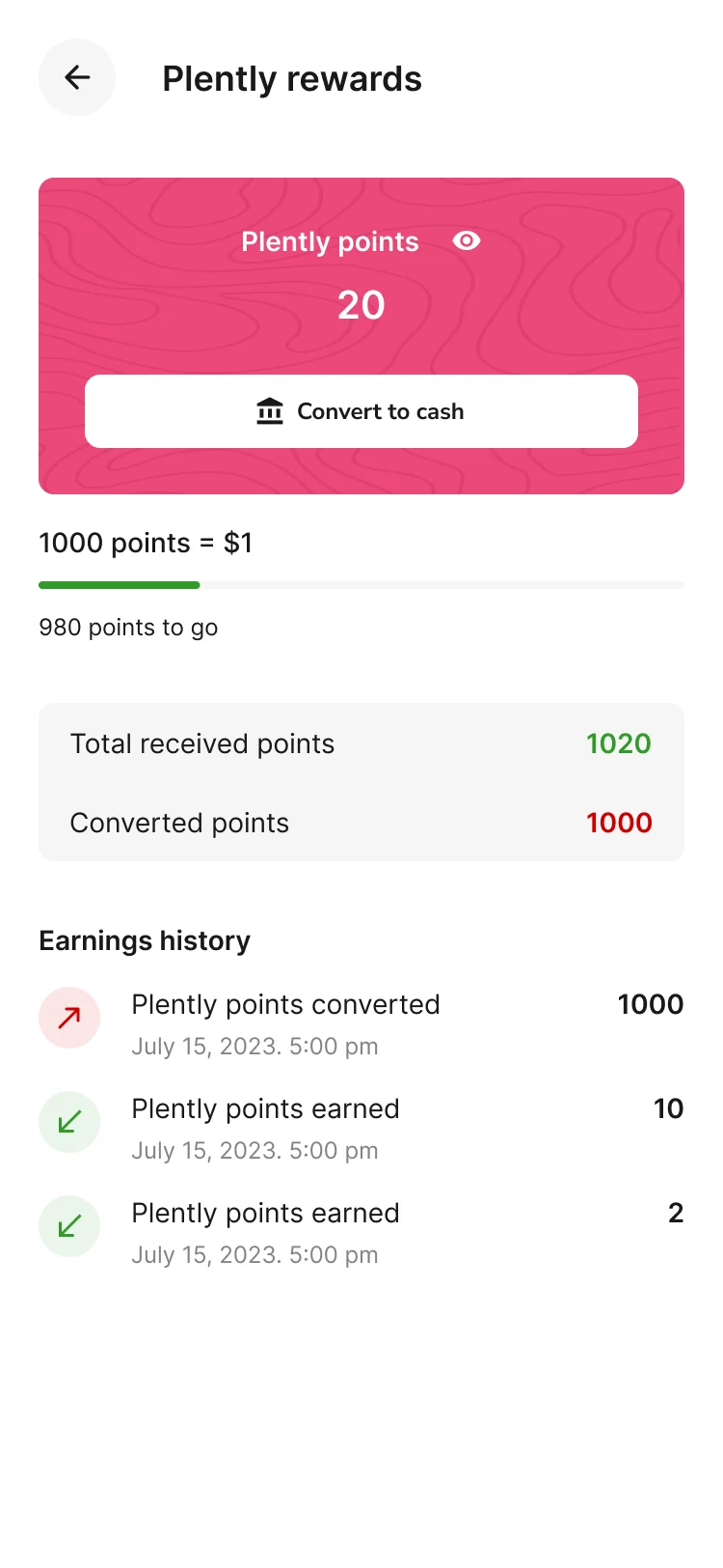 Plently rewards mobile screen