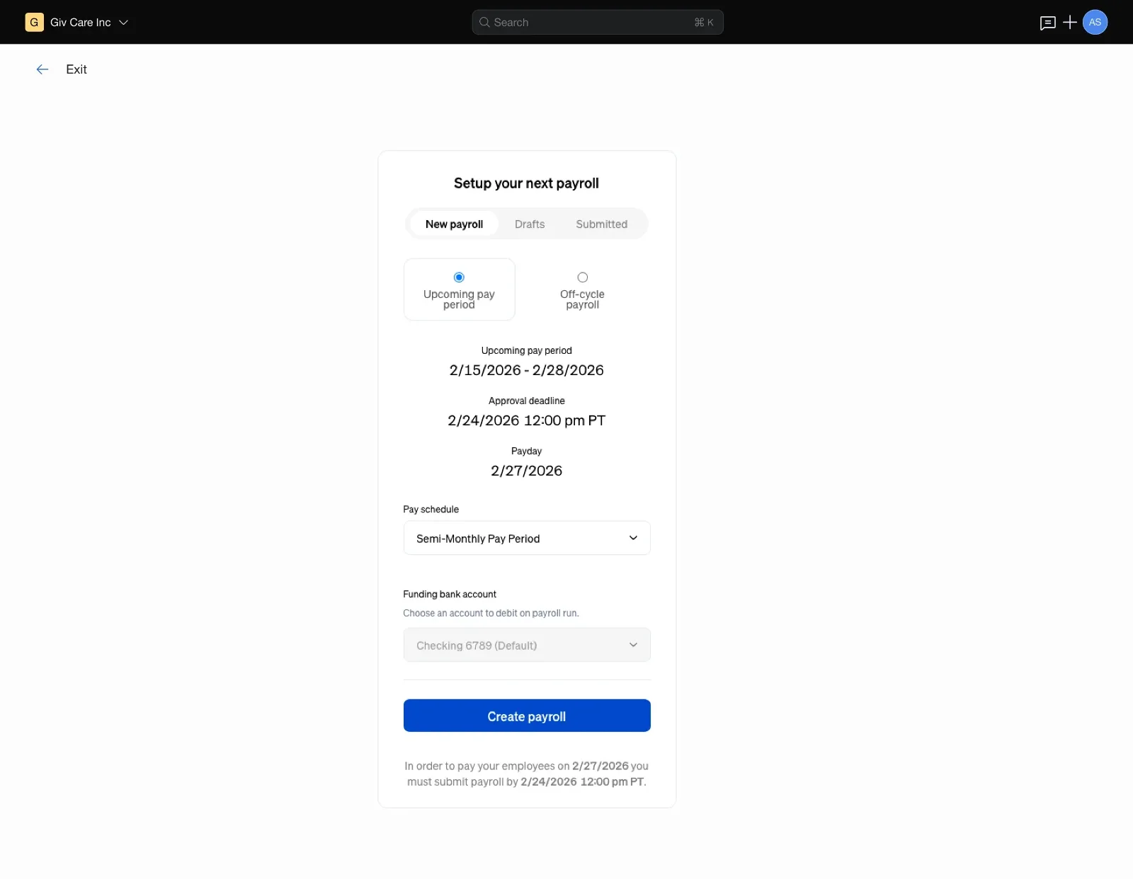 Select the pay schedule and period to run.