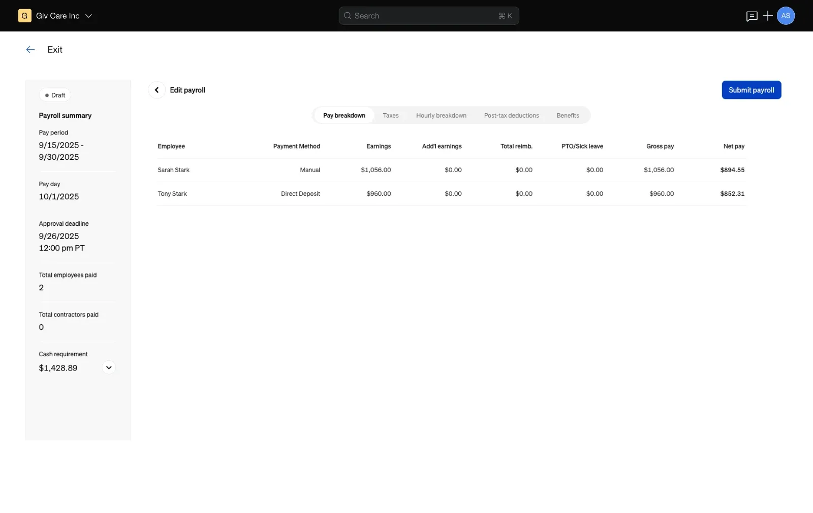 Preview the pay breakdown before submitting.