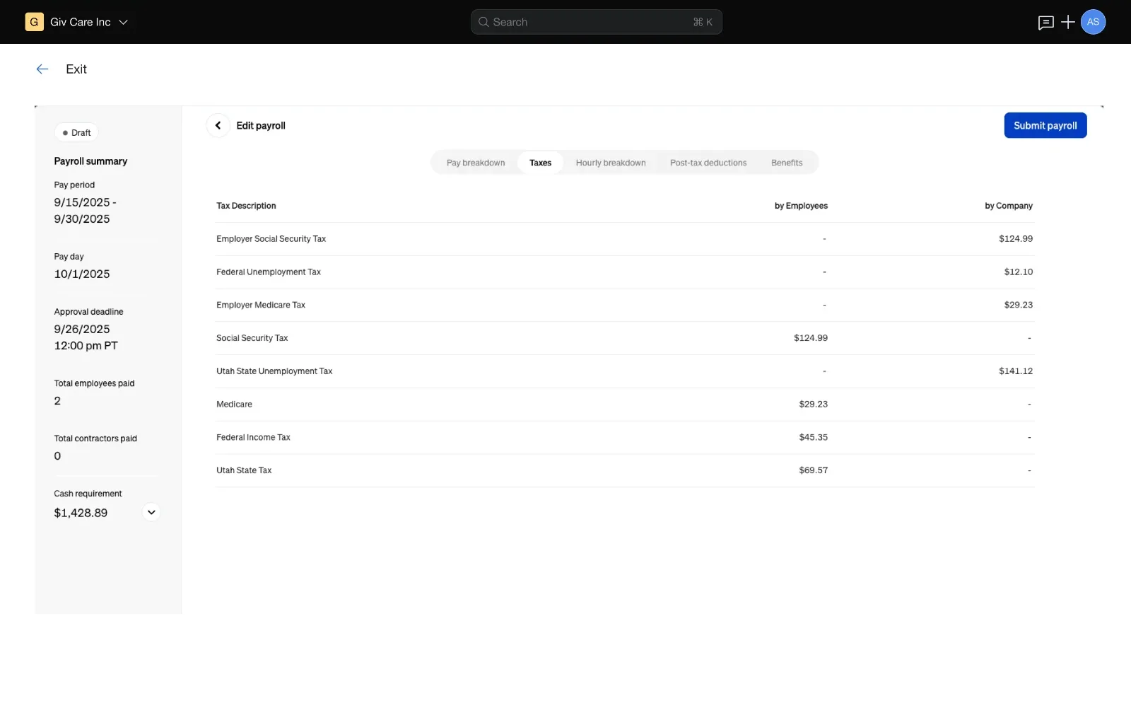 Check employee and company taxes.